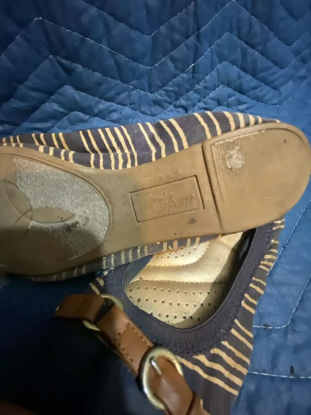 Dexflex Comfort Navy and Beige Striped Ballet Flats with Brown Buckle Strap